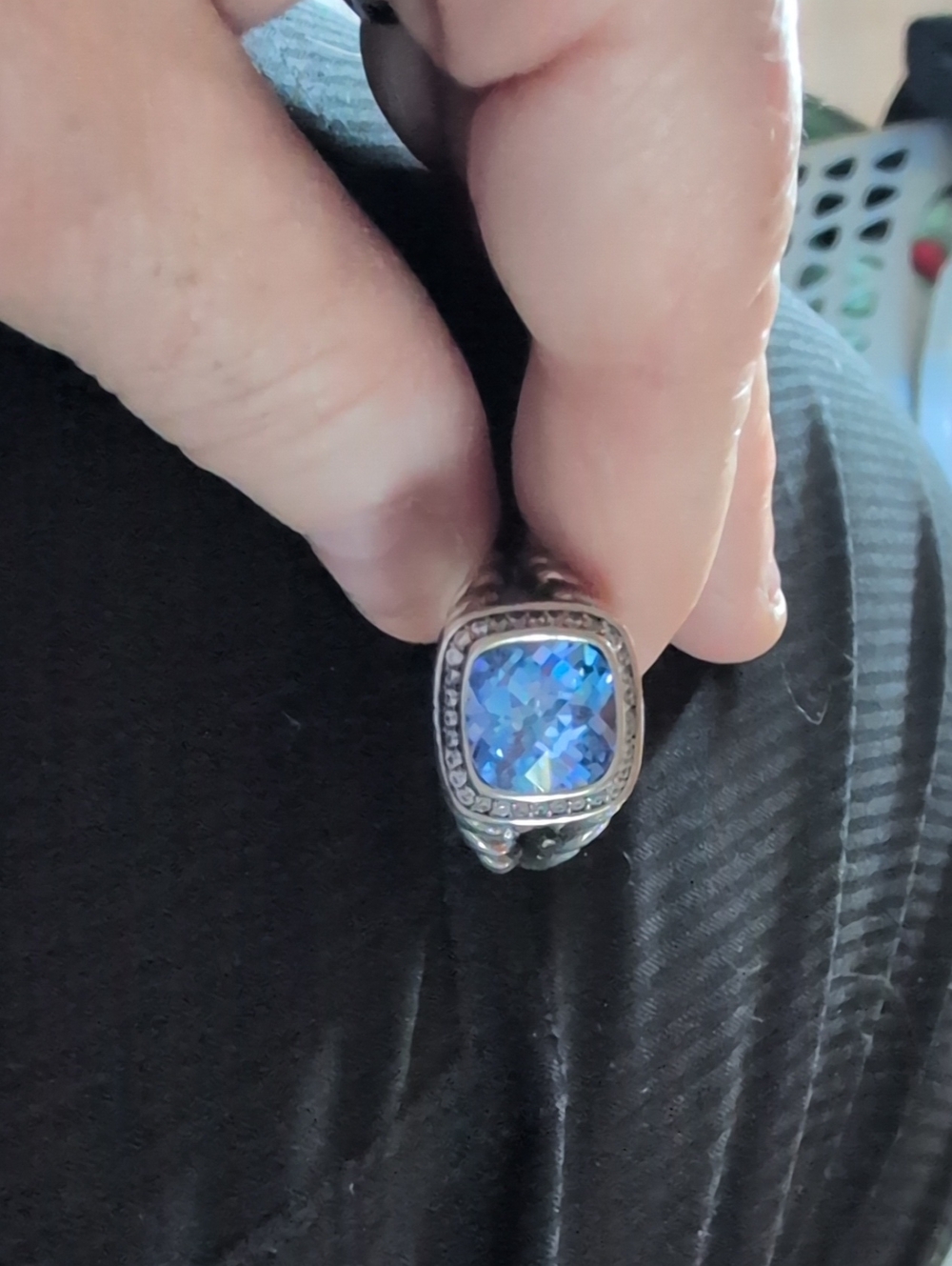 D&Y Silver-Tone Ring with Iridescent Blue Cushion Stone